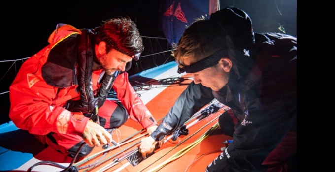 The Ocean Race – Leg 3 – Day 14 –  Malizia – J3 tack piece repair